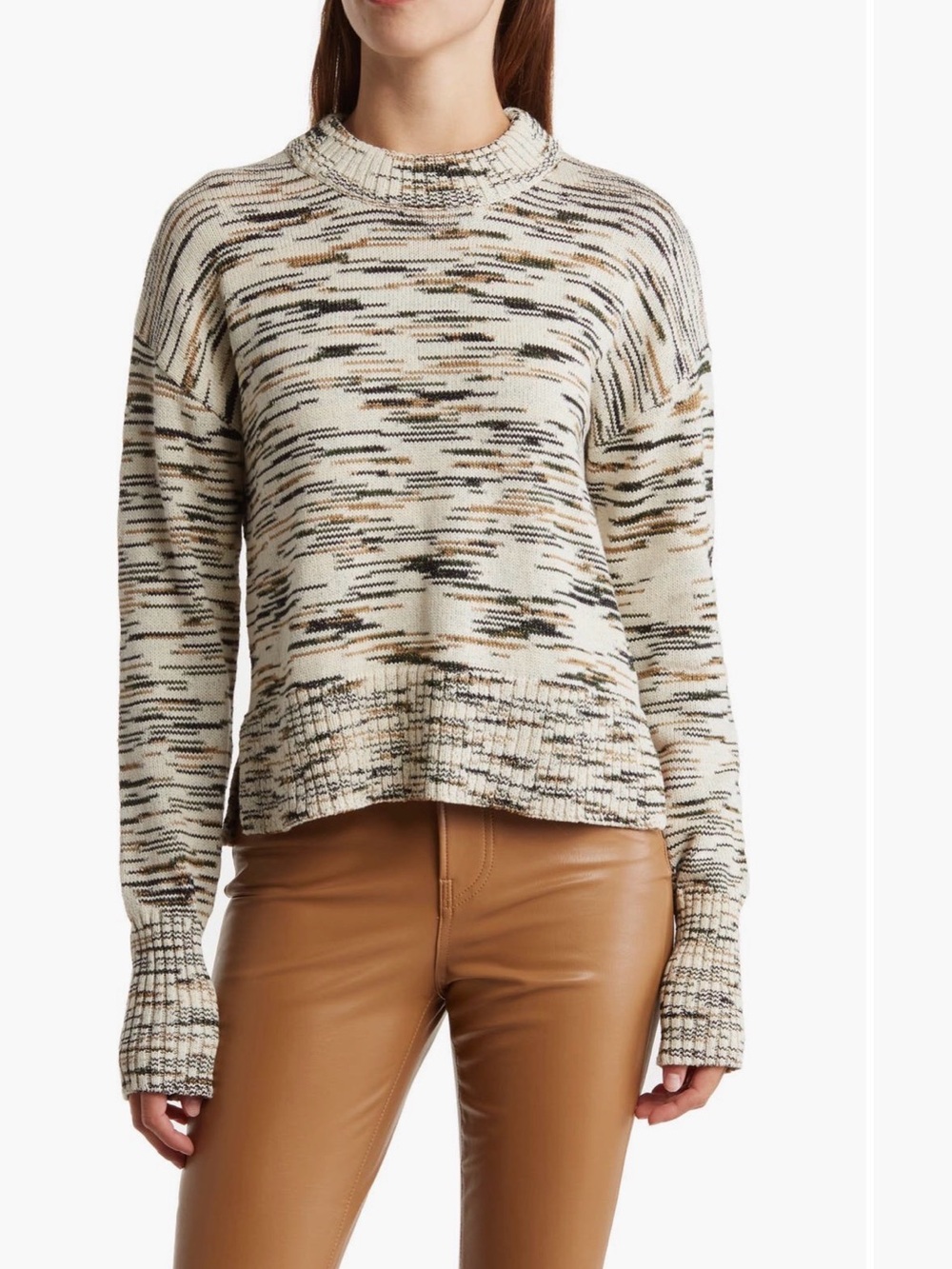 Veronica Beard Cream Marled Crewneck Sweater with Neutral Stripes